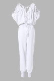 White Fashion Casual Solid Bandage Patchwork Backless V Neck Regular Jumpsuits
