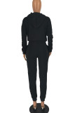 Black Casual Sportswear Solid Patchwork Buckle Hooded Collar Long Sleeve Two Pieces