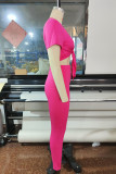 Rose Red Fashion Casual Letter Print Bandage V Neck Short Sleeve Two Pieces