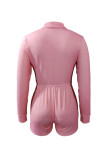 Pink Fashion Casual Letter Print Patchwork Zipper Collar Regular Romper