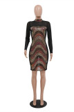 Black Fashion Sexy Patchwork Sequins See-through Half A Turtleneck Long Sleeve Dresses