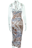 Brown Sexy Print Patchwork Halter Pencil Skirt Dresses