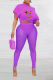 Purple Sexy Print Mesh One Shoulder Short Sleeve Two Pieces
