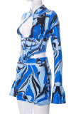 Blue Fashion Sexy Print Hollowed Out Patchwork Half A Turtleneck Long Sleeve Two Pieces