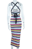 Colour Sexy Striped Patchwork U Neck Pencil Skirt Dresses