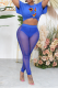 Royal Blue Sexy Print Mesh One Shoulder Short Sleeve Two Pieces
