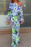 Red Fashion Casual Print Patchwork Oblique Collar Long Sleeve Two Pieces