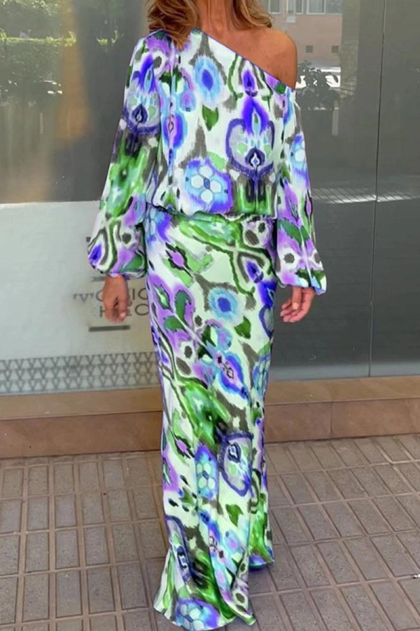Royal Blue Fashion Casual Print Patchwork Oblique Collar Long Sleeve Two Pieces
