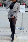 Black Fashion Casual Plaid Print Cardigan Turn-back Collar Long Sleeve Two Pieces