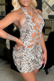 Snake Print Sexy Animal Print Patchwork Halter Pencil Skirt Dresses