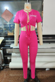 Rose Red Fashion Casual Letter Print Bandage V Neck Short Sleeve Two Pieces