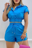 Blue Fashion Casual Solid Patchwork Turndown Collar Short Sleeve Two Pieces