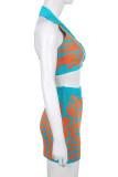 Blue Sexy Print Patchwork Buckle Turndown Collar Sleeveless Two Pieces