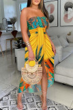 Yellow Fashion Sexy Print Backless Slit Strapless Sleeveless Dress Dresses