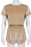 Gold Casual Solid Patchwork O Neck Short Sleeve Two Pieces