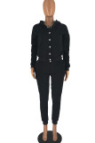 Black Casual Sportswear Solid Patchwork Buckle Hooded Collar Long Sleeve Two Pieces