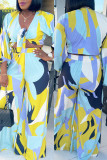 Multicolor Fashion Casual Print Bandage V Neck Three Quarter Two Pieces