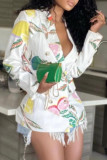 White Fashion Print Turn-back Collar Outerwear