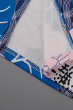 Blue Casual Elegant Print Patchwork O Neck Pencil Skirt Dresses(Contain The Belt)