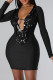 Black Fashion Sexy Patchwork Tassel Sequins Patchwork V Neck Long Sleeve Dresses