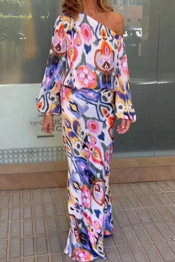 Red Fashion Casual Print Patchwork Oblique Collar Long Sleeve Two Pieces