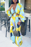 Multicolor Fashion Casual Print Bandage V Neck Three Quarter Two Pieces