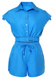 Blue Fashion Casual Solid Patchwork Turndown Collar Short Sleeve Two Pieces
