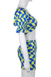 Blue Sexy Print Patchwork V Neck Short Sleeve Two Pieces