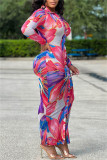 Pink Fashion Casual Print Patchwork Turndown Collar Long Sleeve Dresses