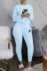Light Blue Fashion Casual Print Letter O Neck Long Sleeve Two Pieces