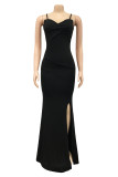 Red Fashion Sexy Solid Backless Slit Spaghetti Strap Evening Dress
