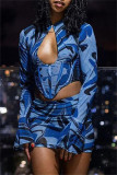 Blue Fashion Sexy Print Hollowed Out Patchwork Half A Turtleneck Long Sleeve Two Pieces