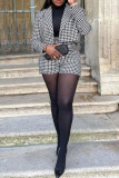 Black Fashion Casual Plaid Print Cardigan Turn-back Collar Long Sleeve Two Pieces