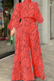 Rose Red Fashion Casual Print Patchwork Half A Turtleneck Loose Jumpsuits