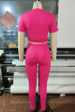 Rose Red Fashion Casual Letter Print Bandage V Neck Short Sleeve Two Pieces