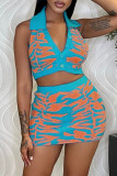 Blue Sexy Print Patchwork Buckle Turndown Collar Sleeveless Two Pieces