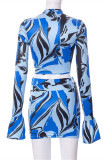 Blue Fashion Sexy Print Hollowed Out Patchwork Half A Turtleneck Long Sleeve Two Pieces