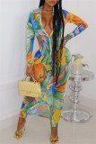Pink Fashion Casual Print Patchwork Turndown Collar Long Sleeve Dresses