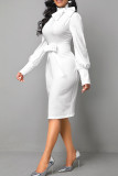White Elegant Solid Patchwork With Bow Half A Turtleneck One Step Skirt Dresses