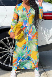 Pink Fashion Casual Print Patchwork Turndown Collar Long Sleeve Dresses