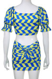 Blue Sexy Print Patchwork V Neck Short Sleeve Two Pieces