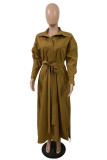 Army Green Fashion Casual Solid Patchwork With Belt Turndown Collar Long Sleeve Dresses