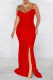 Red Fashion Sexy Solid Backless Slit Spaghetti Strap Evening Dress