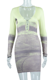 Grey Sexy Print Patchwork U Neck Pencil Skirt Dresses