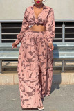 Pink Fashion Casual Print Patchwork Turndown Collar Long Sleeve Two Pieces