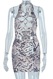 Snake Print Sexy Animal Print Patchwork Halter Pencil Skirt Dresses