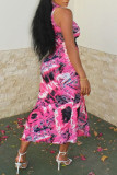 Pink Fashion Sexy Print Slit Turtleneck Sleeveless Dress