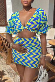 Blue Sexy Print Patchwork V Neck Short Sleeve Two Pieces