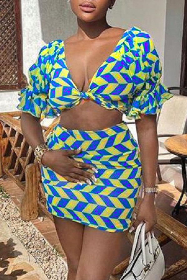 Blue Sexy Print Patchwork V Neck Short Sleeve Two Pieces