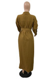 Army Green Fashion Casual Solid Patchwork With Belt Turndown Collar Long Sleeve Dresses